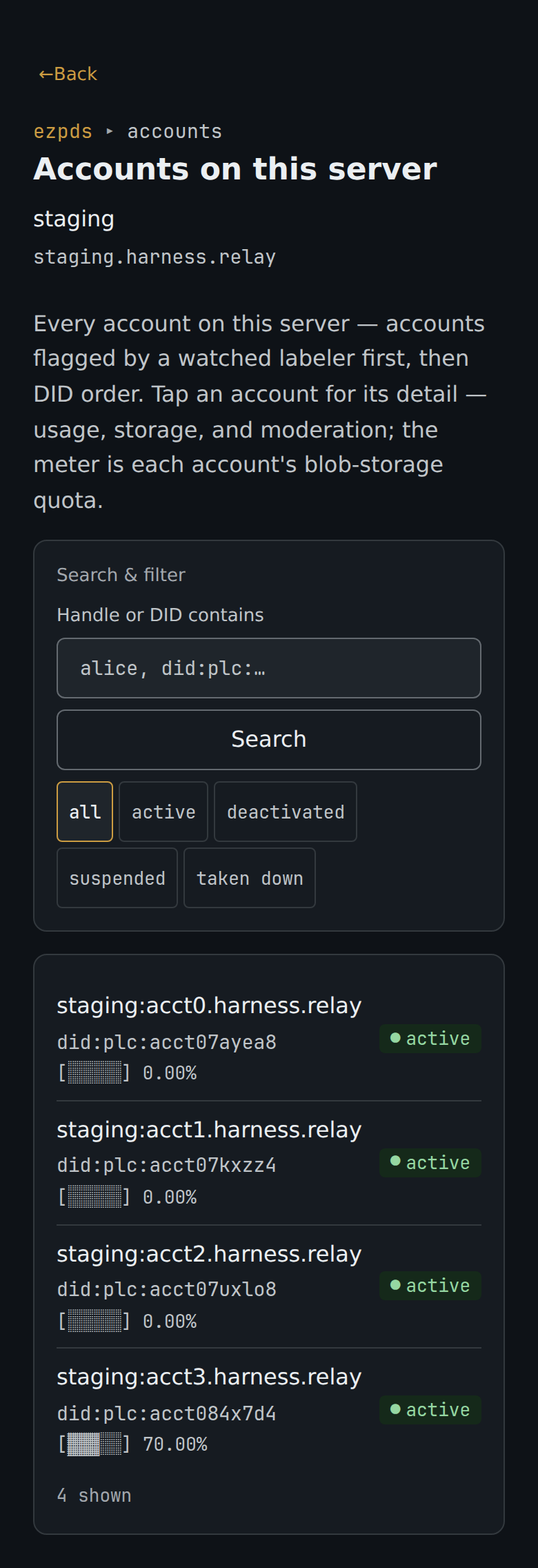 Custos console accounts list with search and per-row quota bars