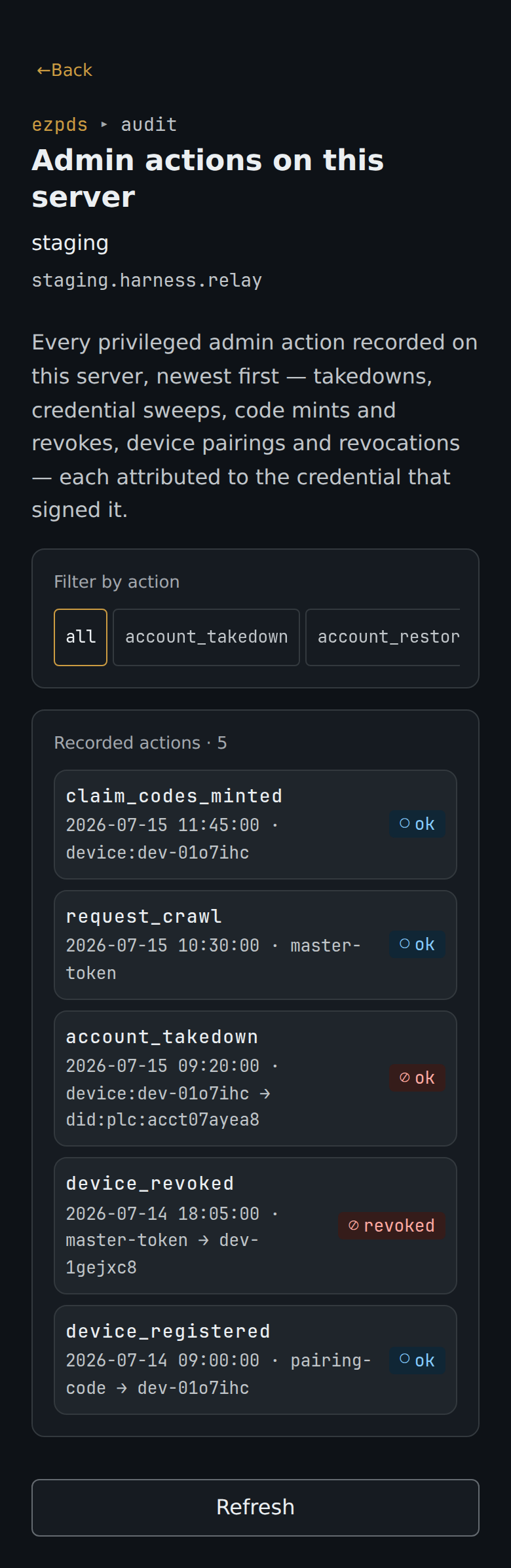 Custos console audit log listing admin actions with action filters and outcome chips