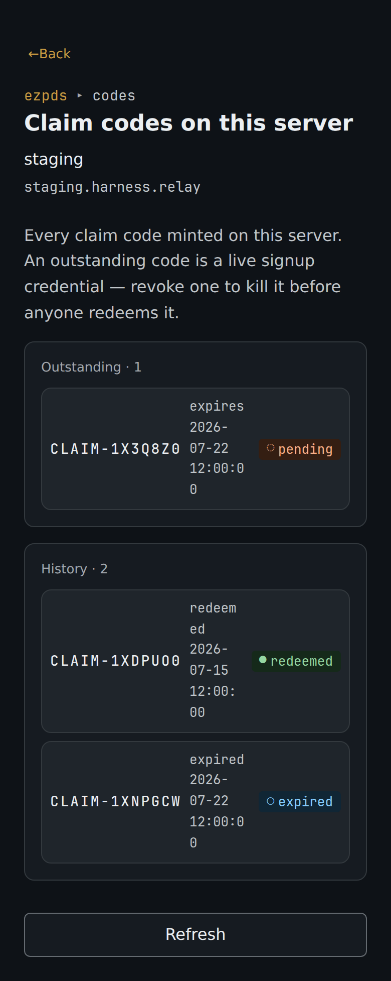 Custos console claim-code inventory