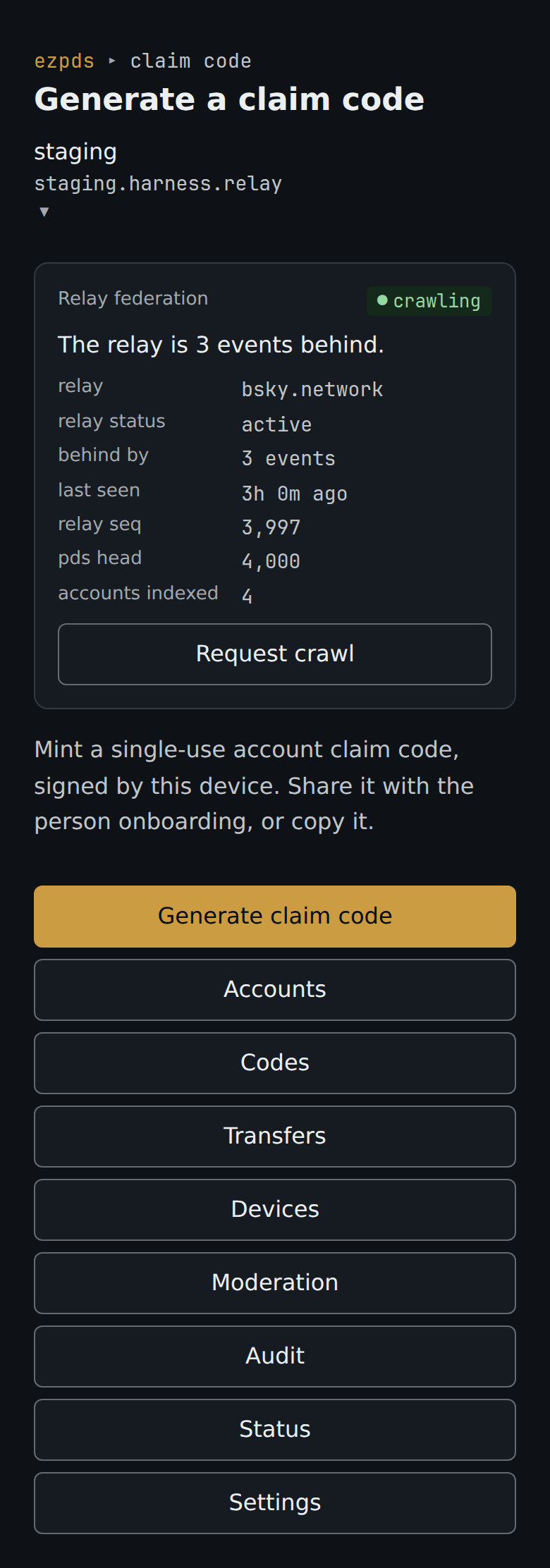 Custos console home screen with a Relay federation readout and a claim-code mint action
