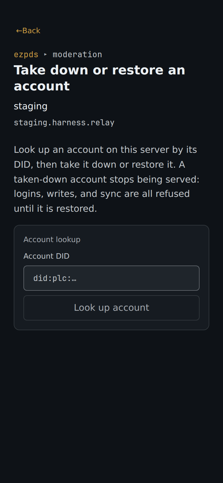 Custos console moderation screen for account takedown and restore