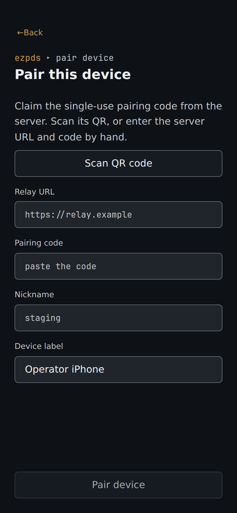 Custos console pair screen with QR and manual entry