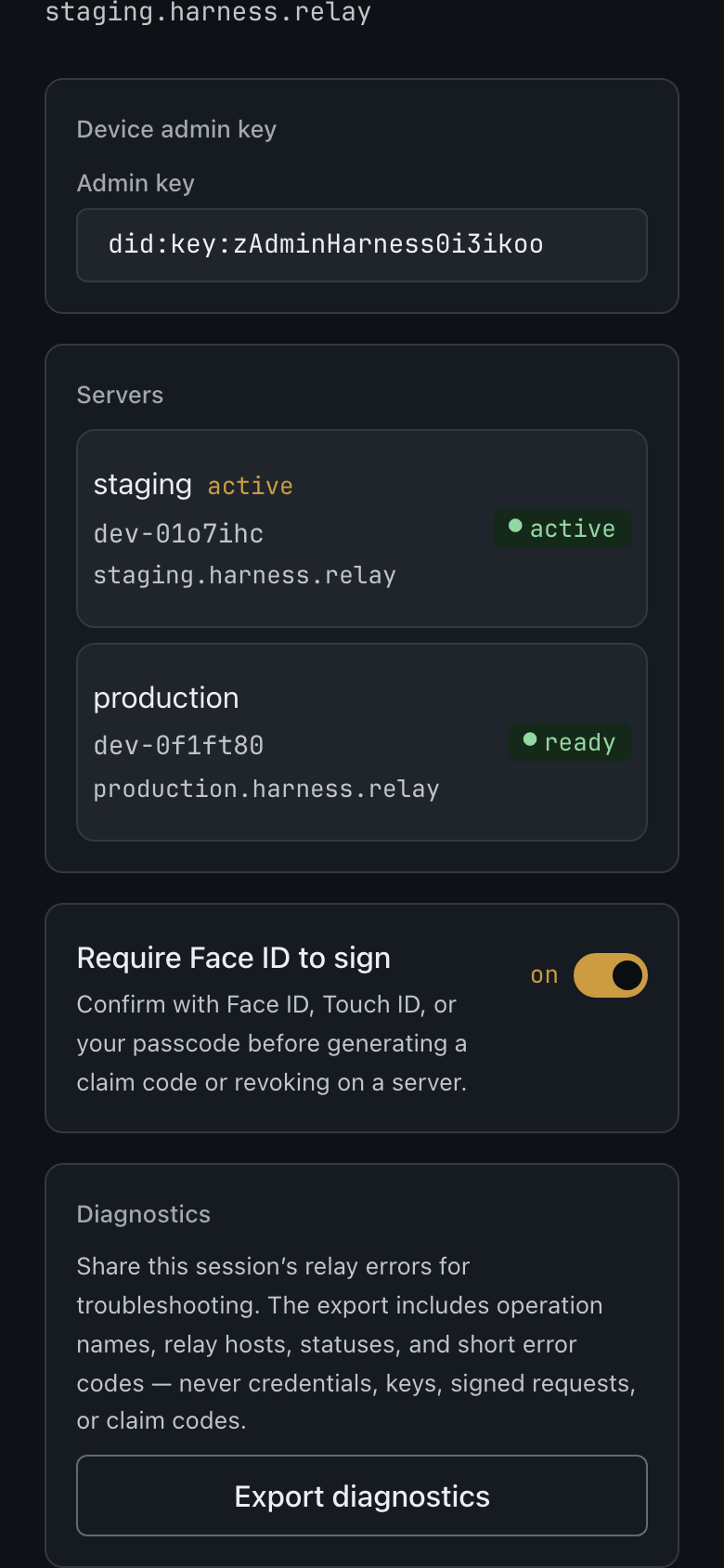 Custos console settings scrolled to the Diagnostics section with an 'Export diagnostics' button