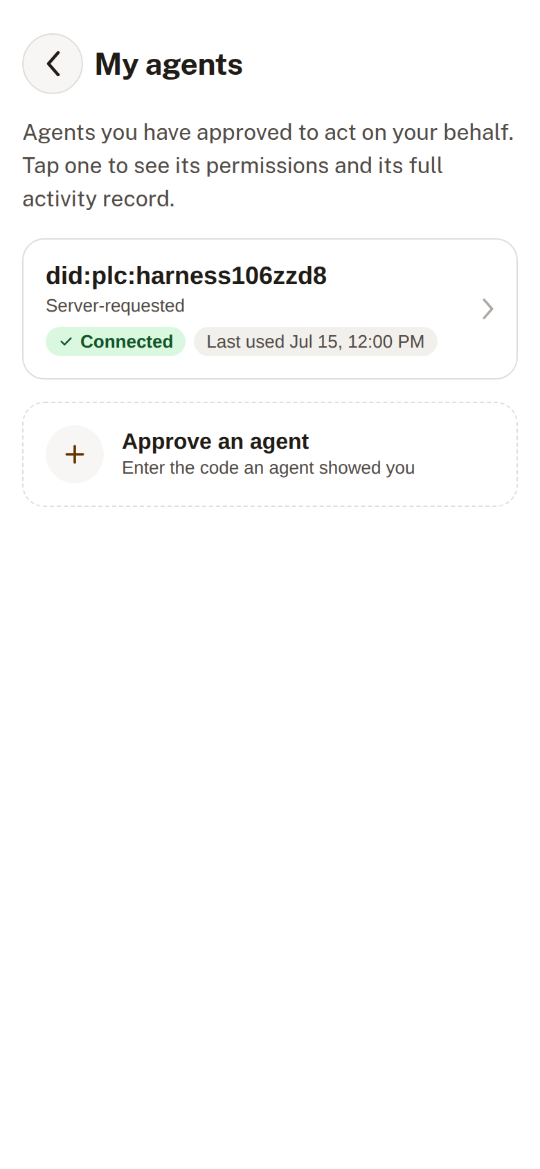 Obsign 'My agents' screen showing a connected agent