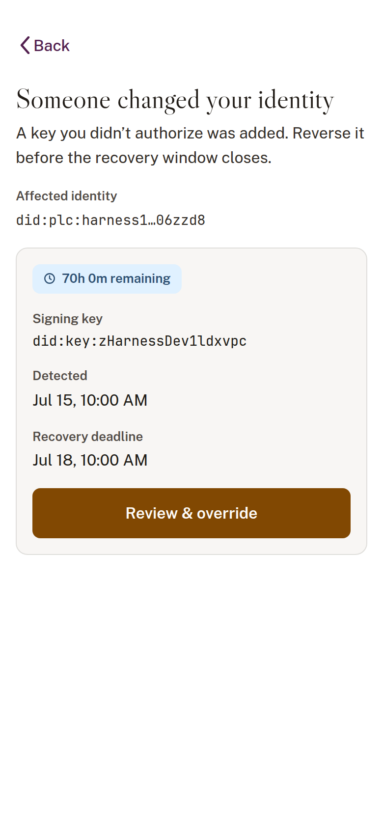 Obsign alert detail with a recovery-window countdown