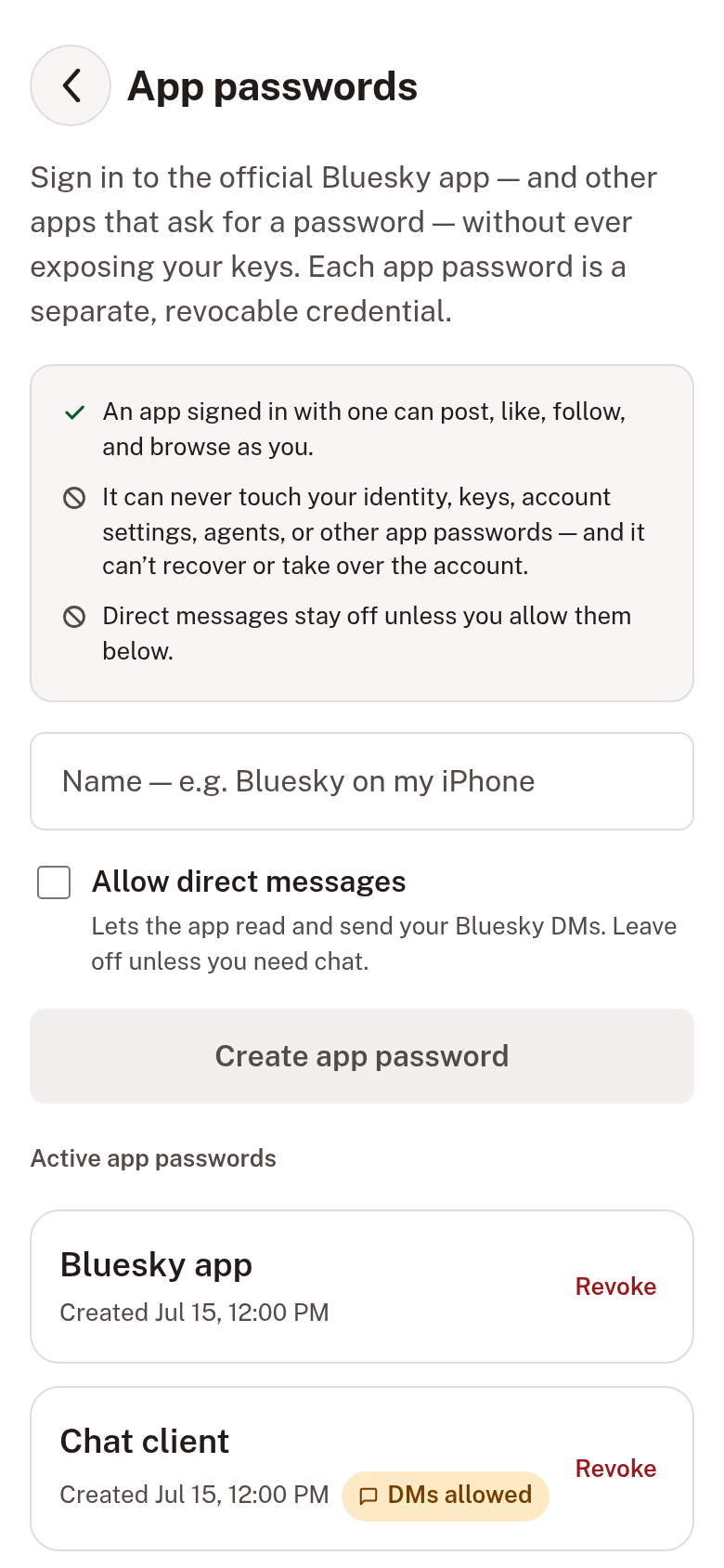 Obsign app-passwords screen with a create form and two active credentials, one marked 'DMs allowed'