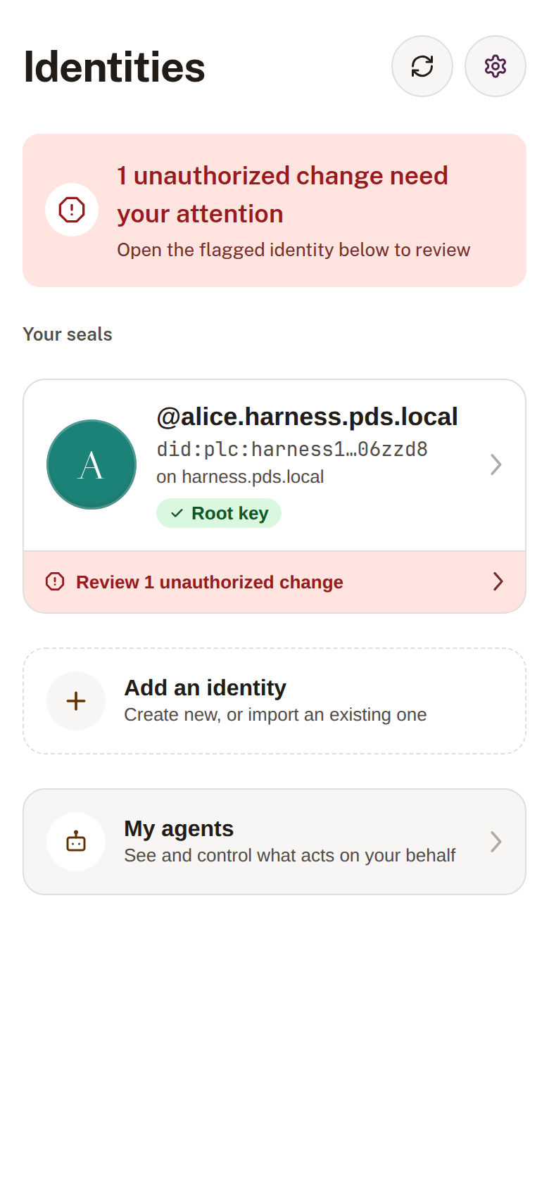 Obsign home screen showing a tamper alert banner