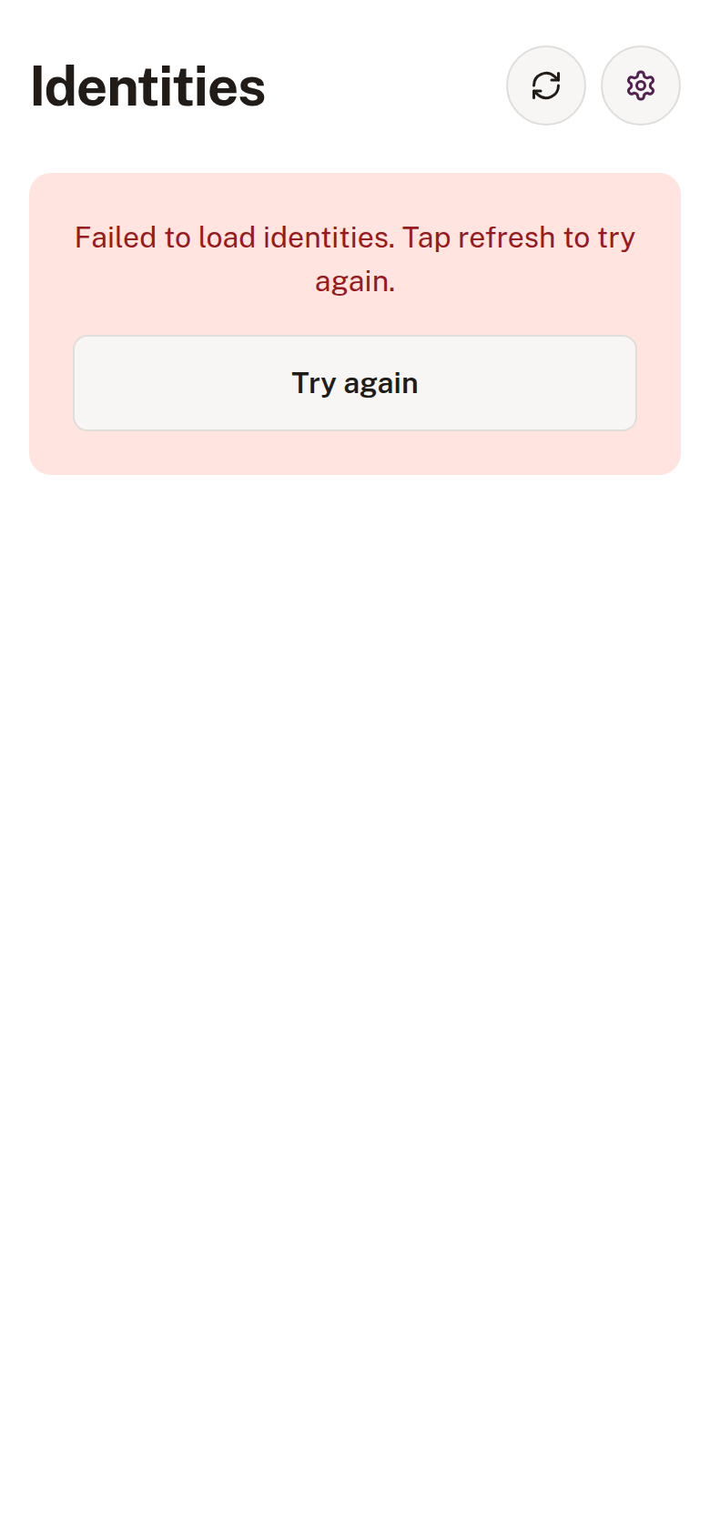 Obsign home screen showing an inline 'Failed to load identities' error with a Try again button
