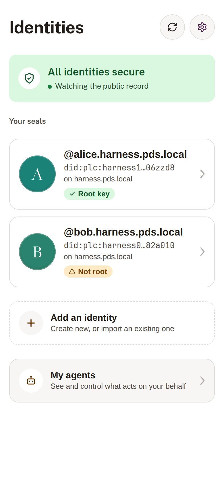Obsign home screen with two identities, one marked 'Root key' and one 'Not root'
