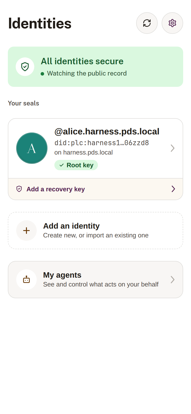 Obsign home screen showing an 'Add a recovery key' prompt beneath an identity card