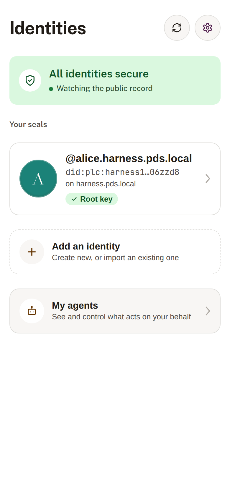 Obsign home screen showing one identity and an 'All identities secure' banner