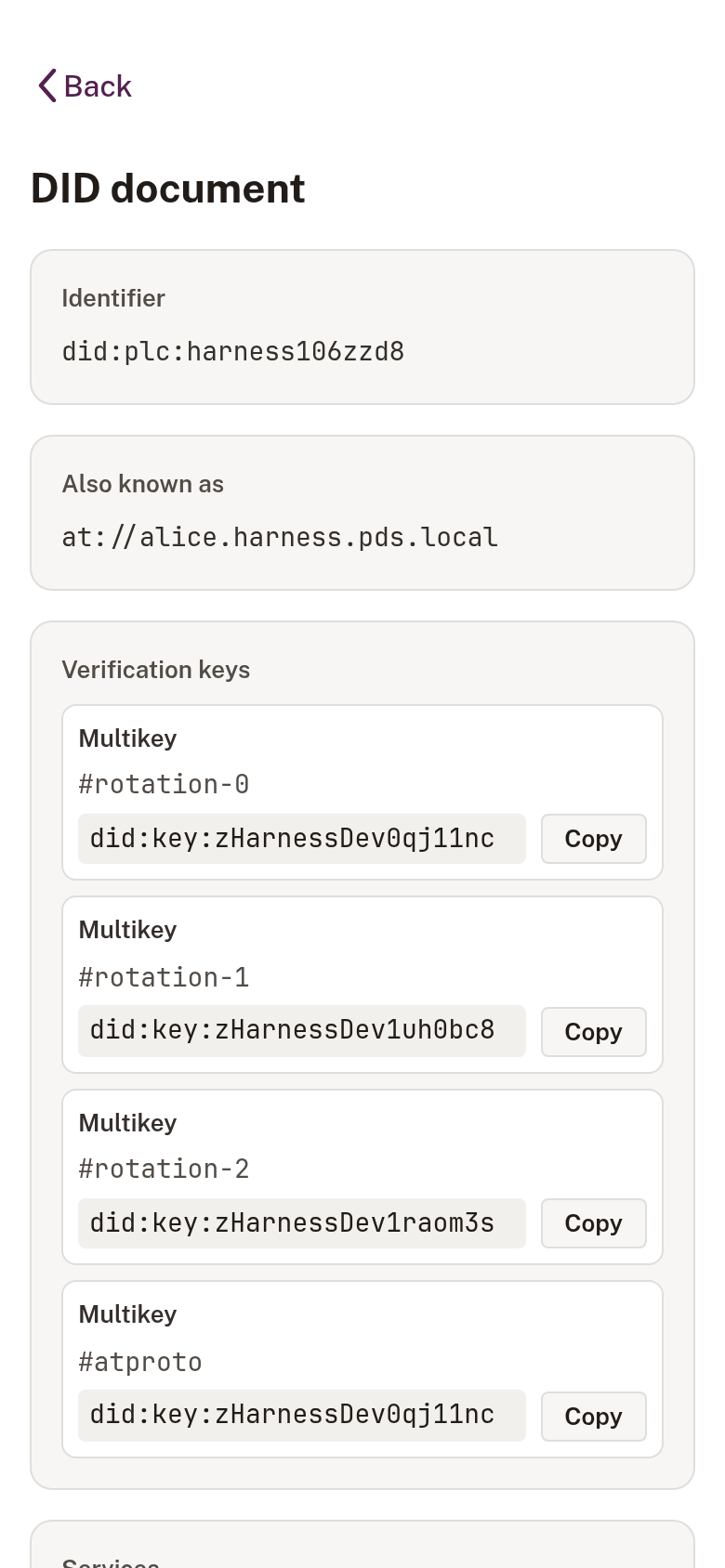 Obsign identity detail showing the decoded DID document with three rotation keys
