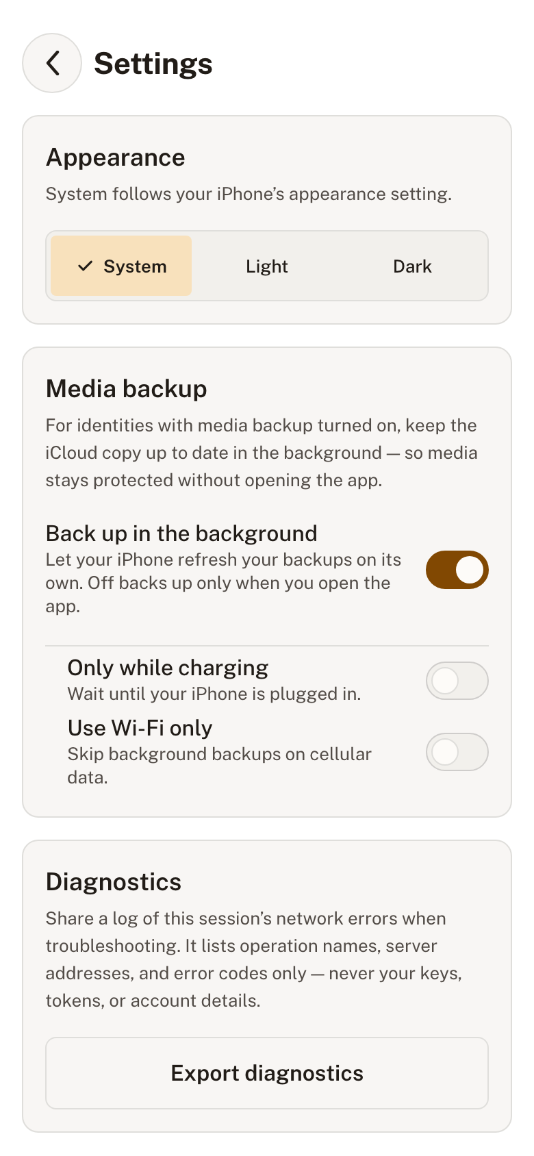 Obsign settings screen showing the Media backup section with 'Back up in the background', 'Only while charging', and 'Use Wi-Fi only' switches