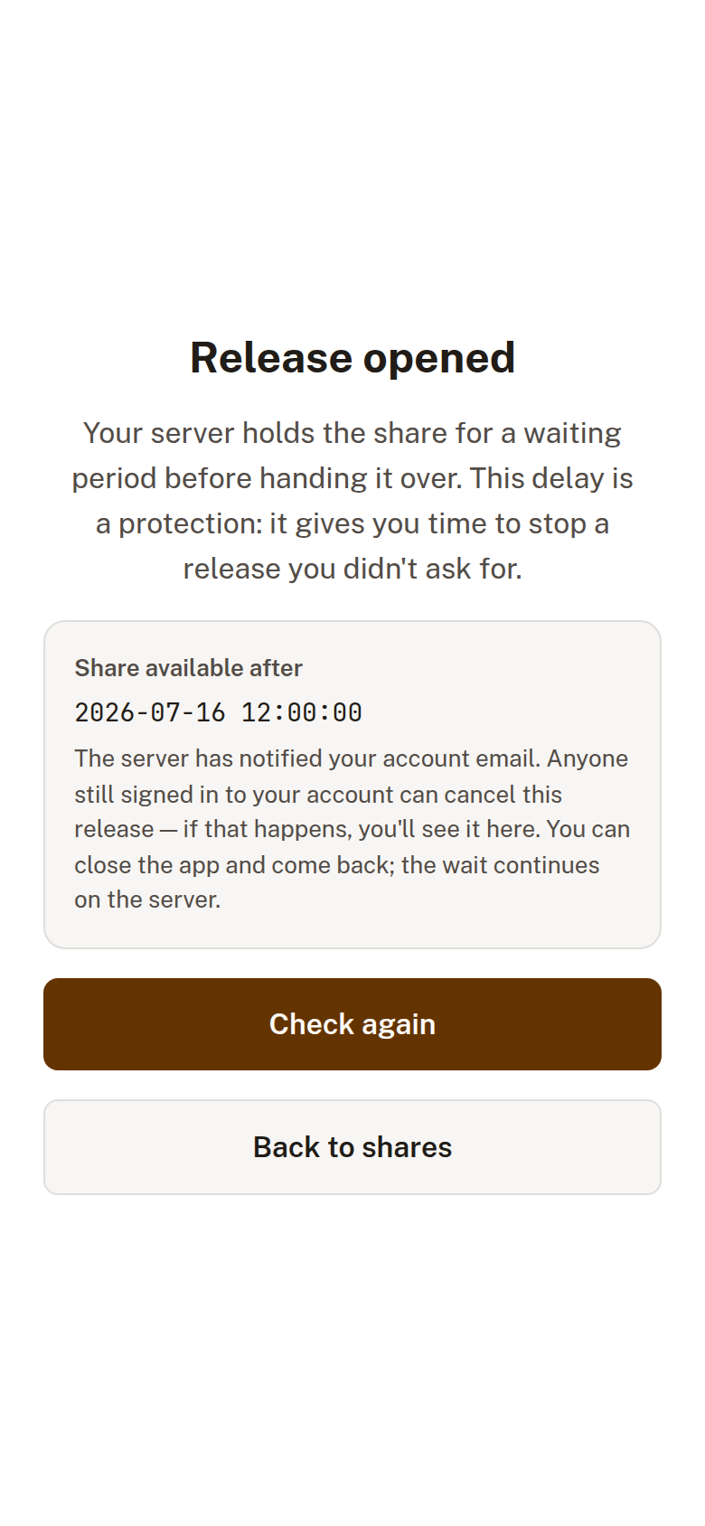 Obsign escrow release wait screen showing when the share becomes available and a 'Check again' button