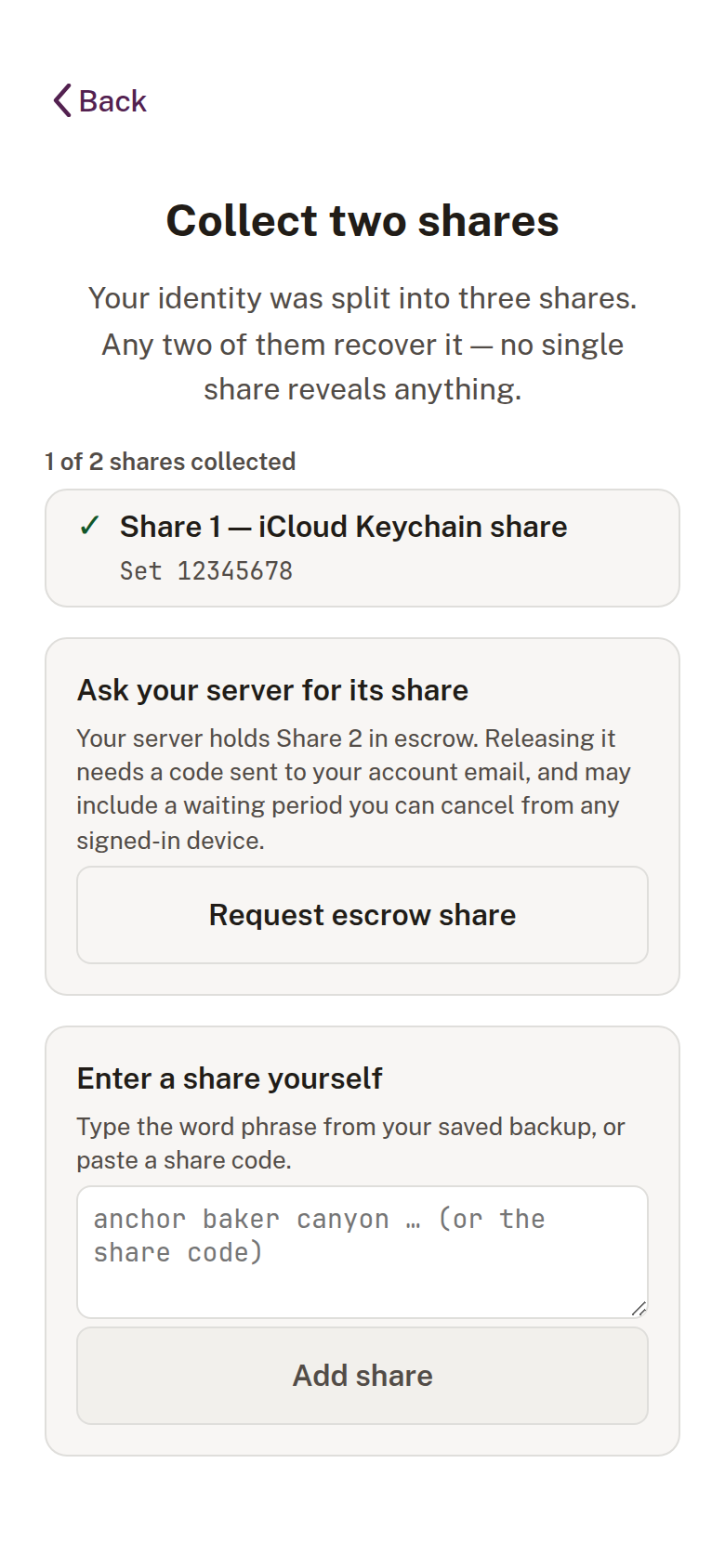 Obsign share-collection screen showing one of two shares collected, with escrow and manual-entry options