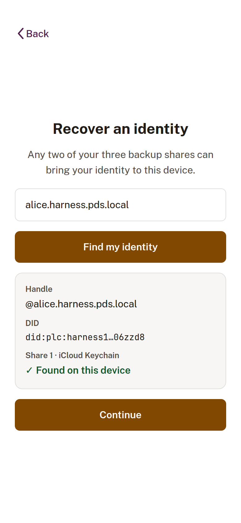 Obsign recovery start screen with a looked-up identity and Share 1 found on the device