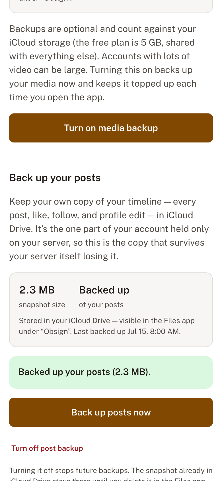 Obsign 'Back up your posts' section showing a 2.3 MB repository snapshot backed up to iCloud, with a 'Back up posts now' action