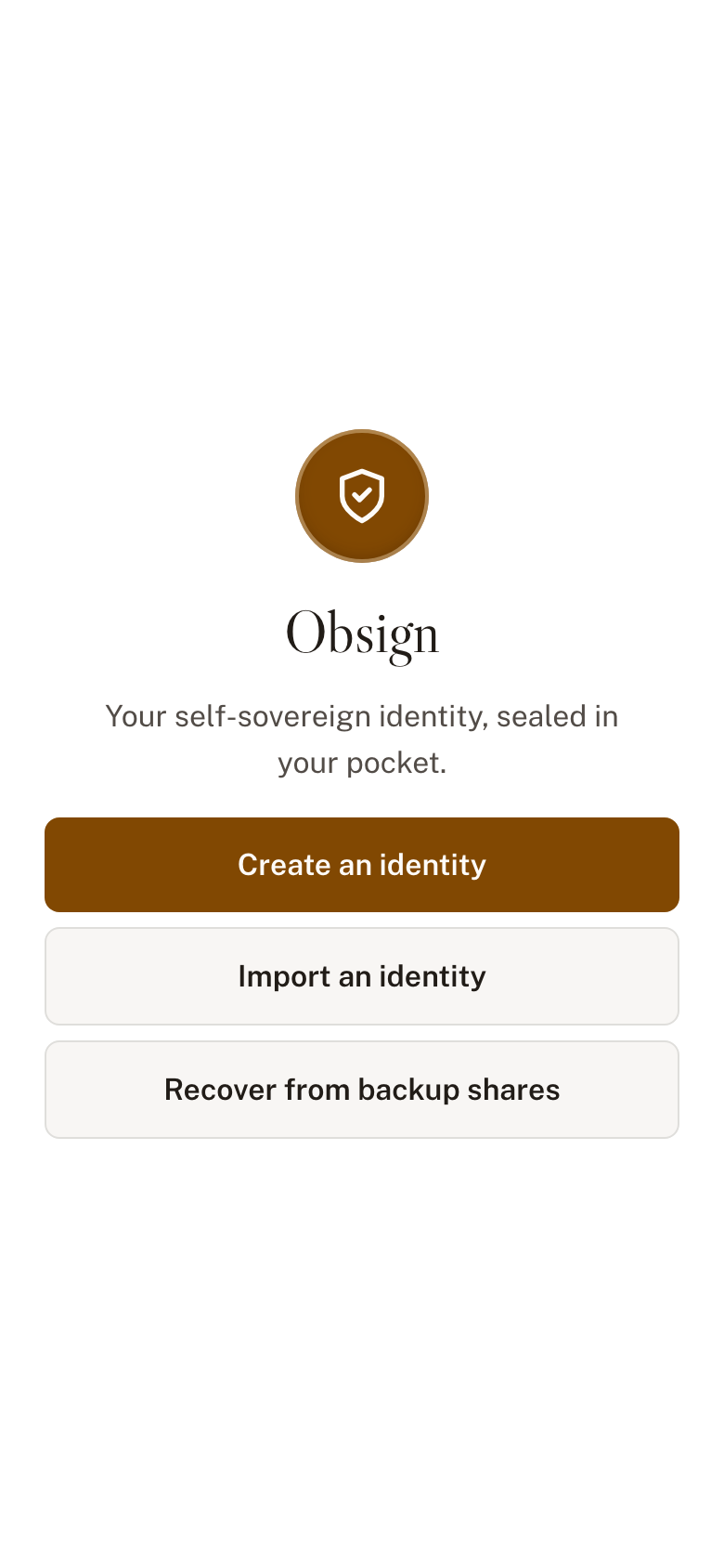 Obsign welcome screen, 'Add an identity — what's your situation?', with 'Starting fresh', 'I have an account somewhere', 'I lost access to my wallet', and 'My server is gone' options